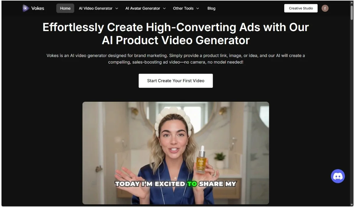 The Vokes website interface, an AI tool reviewed for creating high-converting ads and product videos for brands.