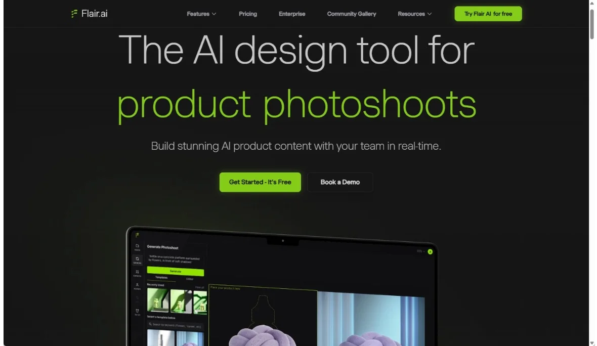 The Flair.ai homepage, showing its AI design tool plugin for creating product photoshoots within design software.
