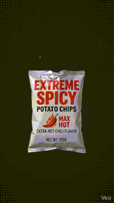 Veo 3.1 generated spicy chip package demonstrating CGI visual effects for commercial video prompts.