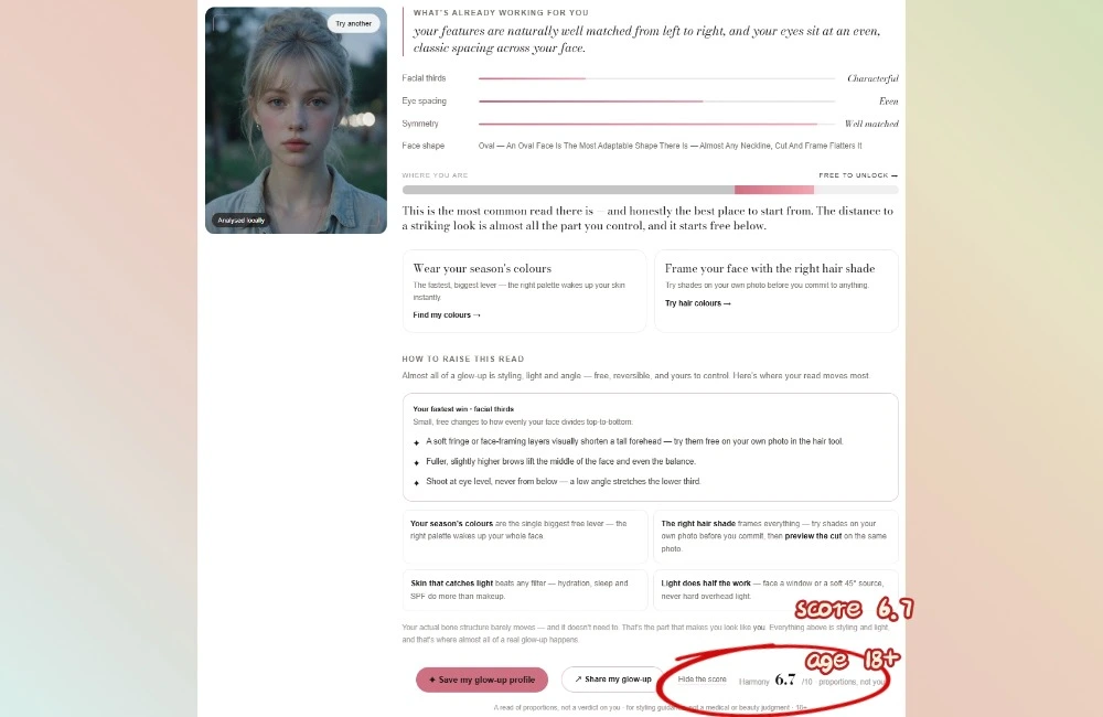 Color Season AI facial attractiveness report with symmetry analysis and personalized color and hair advice.