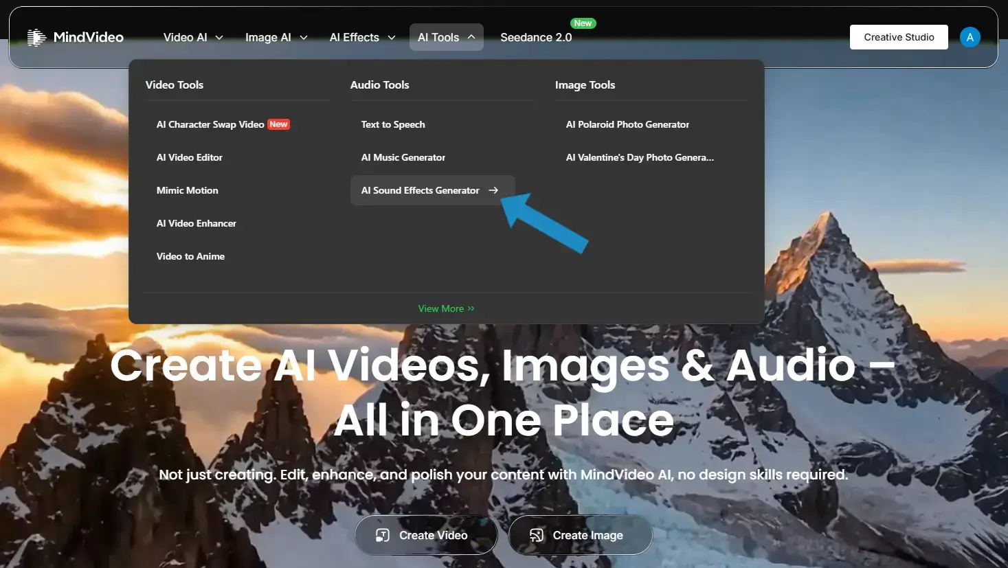 Step one: selecting the AI sound effects generator under audio tools.