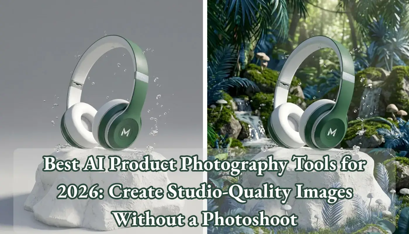 An AI tool transforms a simple headphone photo into a studio-quality image in a lush jungle setting.