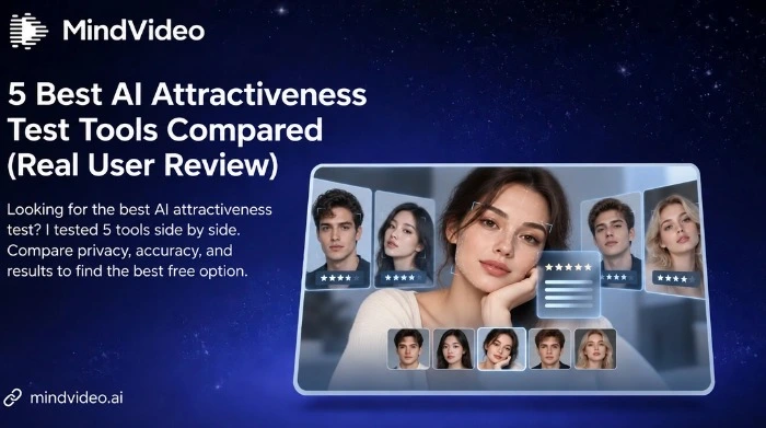 MindVideo AI attractiveness test interface comparing five tools with face portraits and star ratings on a dark background.
