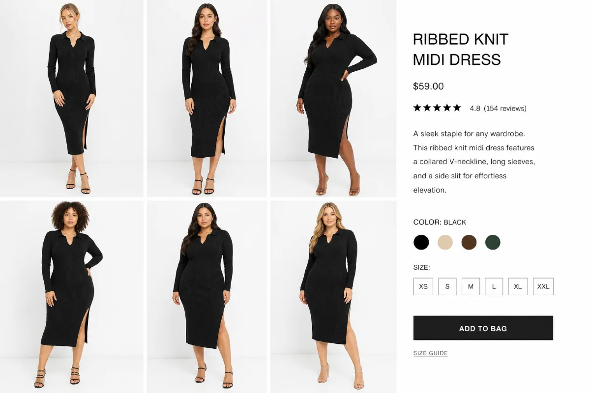 Black ribbed knit midi dress displayed on diverse model body types for e-commerce product merchandising
