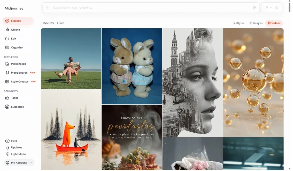 The Midjourney explore gallery, showing its use as an AI image generator for creating artistic concepts.
