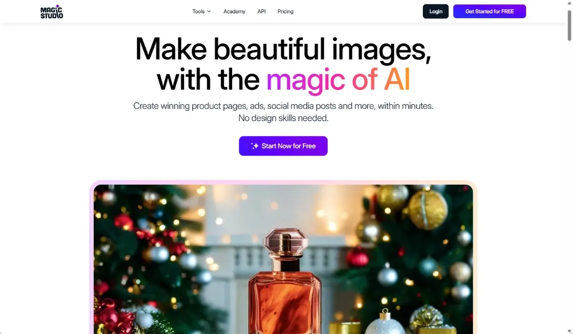 The Magic Studio homepage, an all-in-one AI toolbox for creating beautiful product images for e-commerce.
