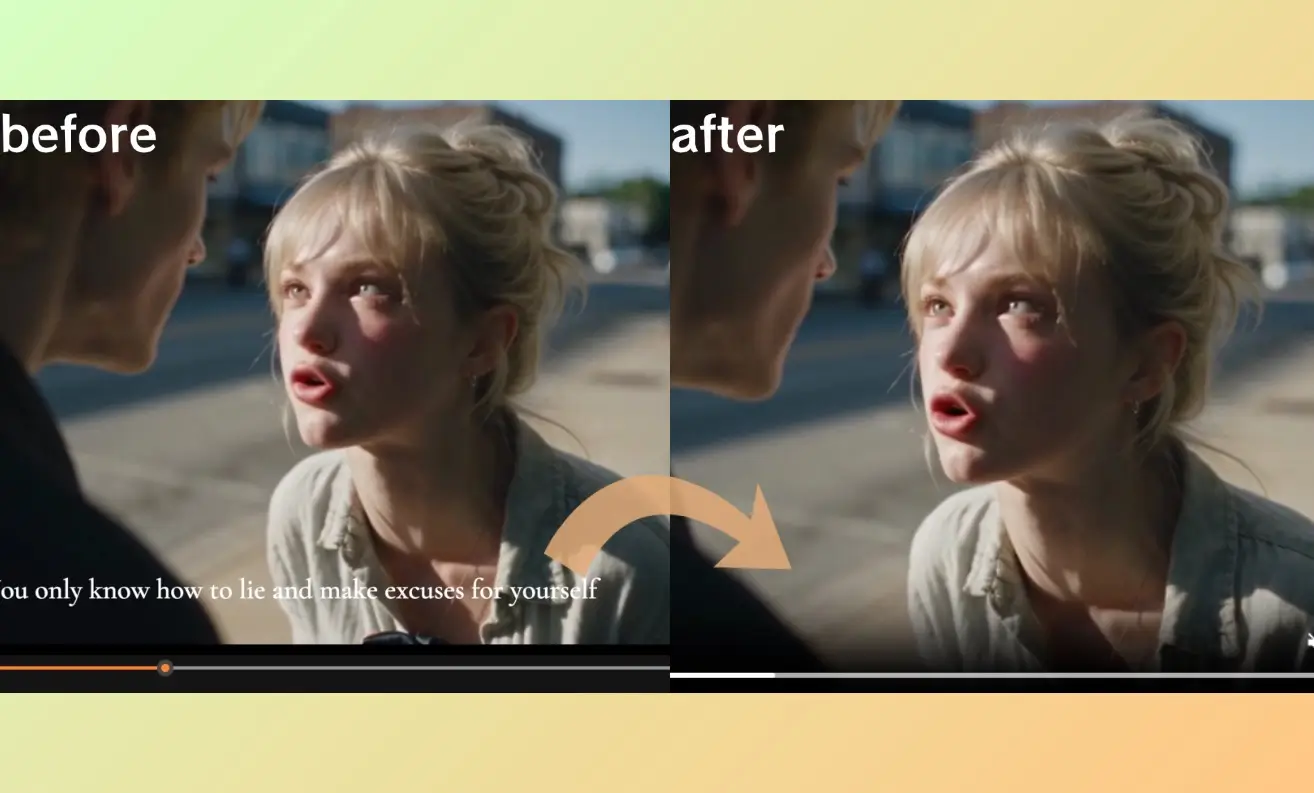 Before-and-after comparison of video text removal from a movie scene with subtitles erased.