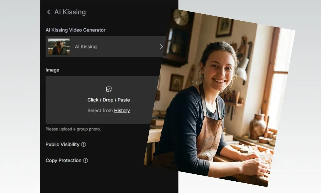 Upload interface of the AI kiss generator showing a drag and drop area with a smiling woman portrait.