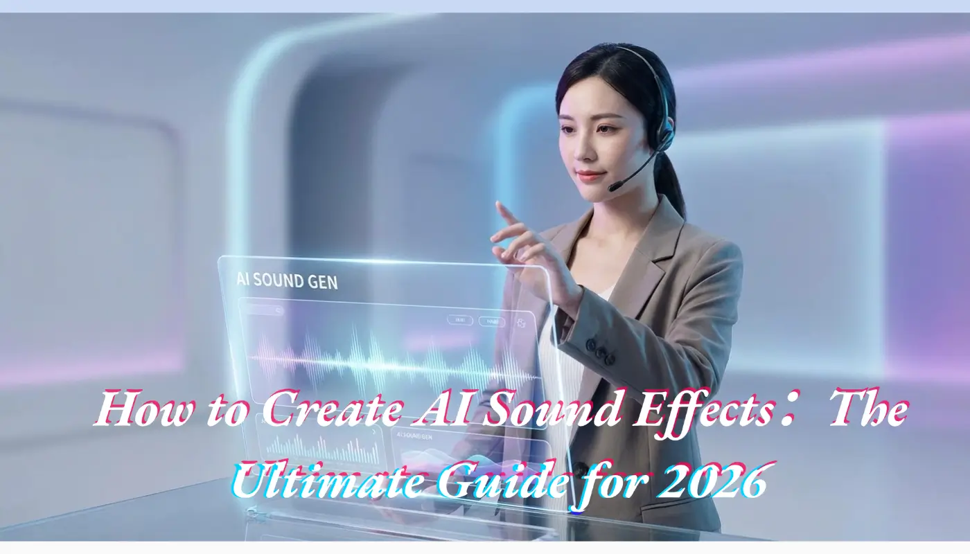 Woman introducing an AI sound effects tutorial at a futuristic console.