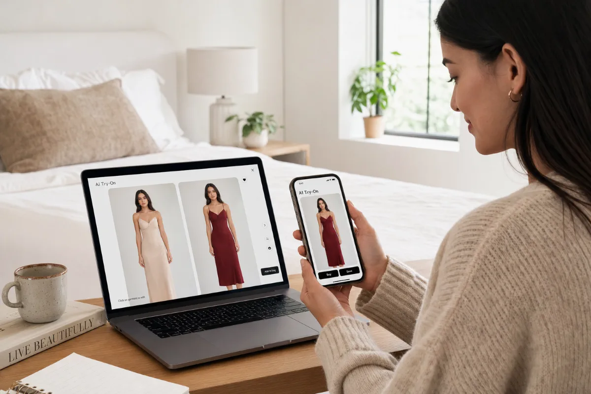 Shopper using AI virtual try-on on laptop and smartphone to preview dress styles before buying online