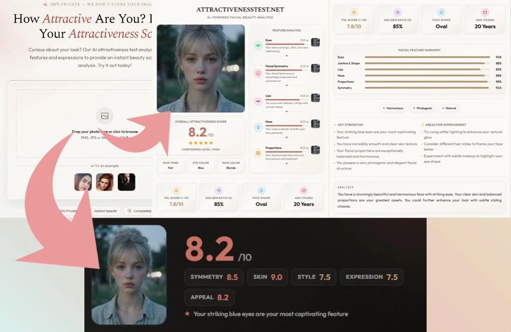 Attractivenesstest.net facial analysis dashboard displaying an overall score of 8.2 and detailed feature ratings.
