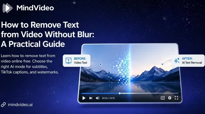A hero banner for a guide on removing text from video without blur with before-and-after comparison.