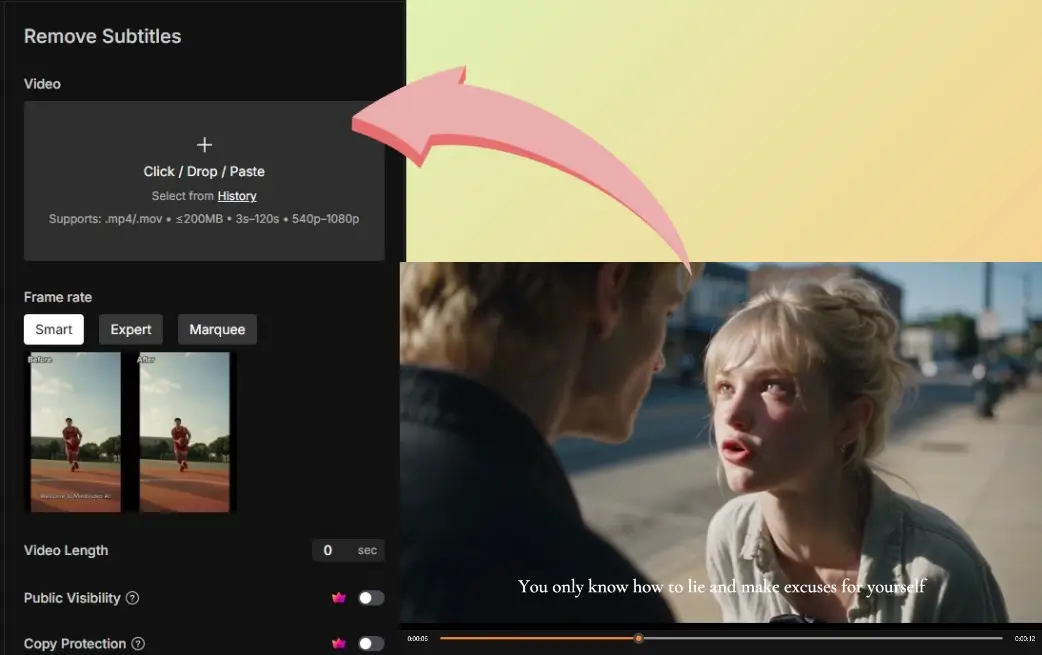 MindVideo AI video text remover dashboard with Smart, Expert, and Marquee mode options.