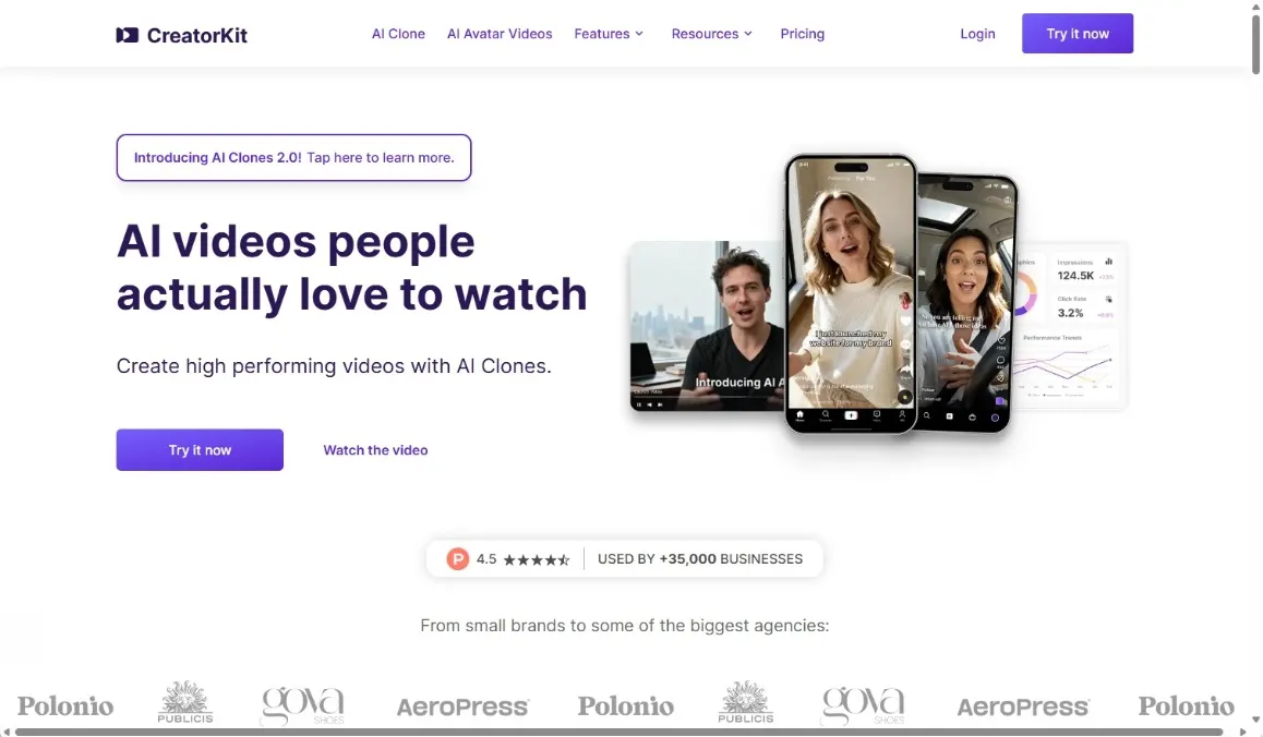 CreatorKit's homepage, an all-in-one marketing tool specializing in creating high-performing AI product videos.