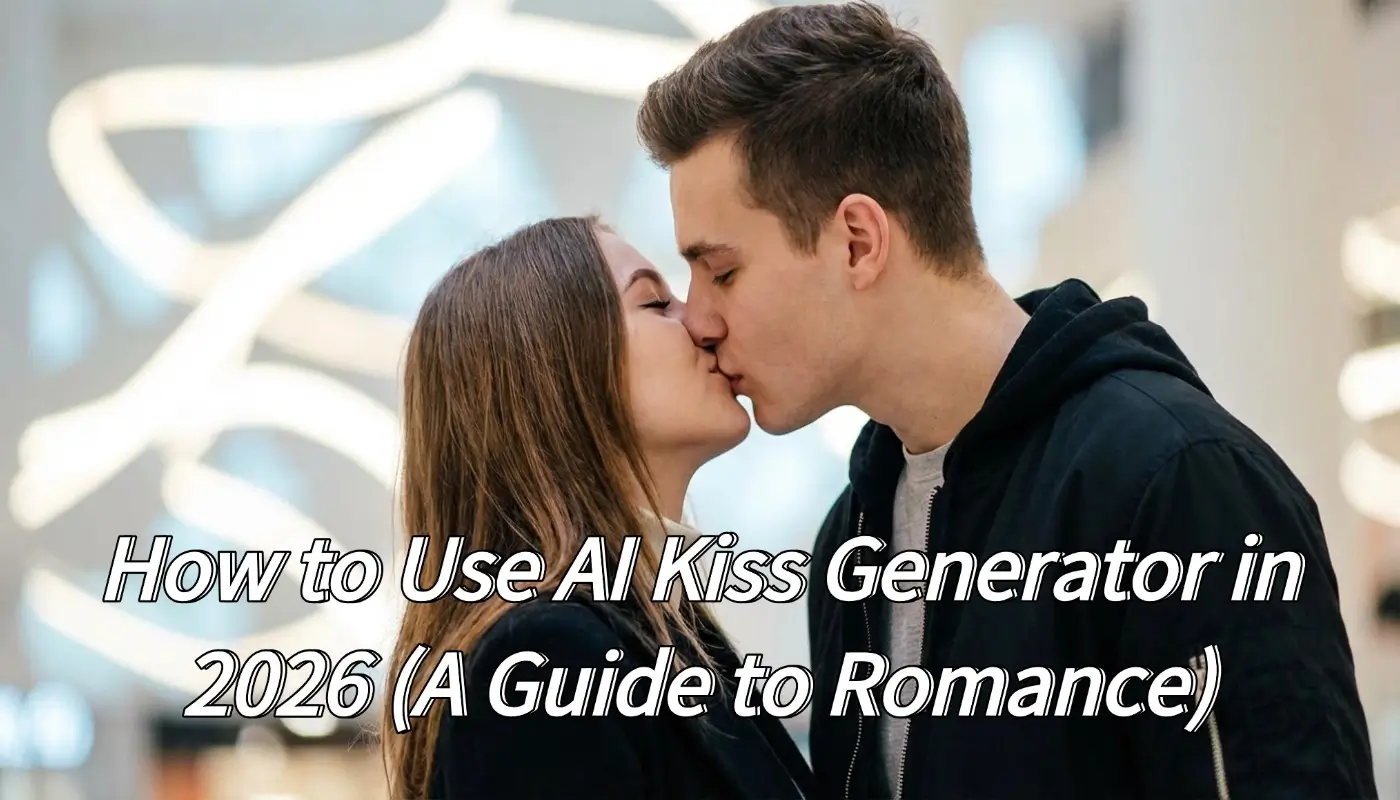 Romantic kissing couple with a guide on how to use an AI kiss generator in 2026.