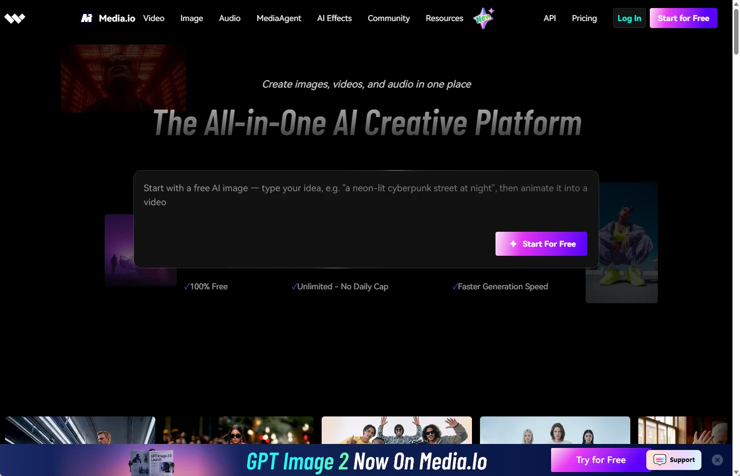Media.io homepage showing browser-based AI tools for video creation and editing