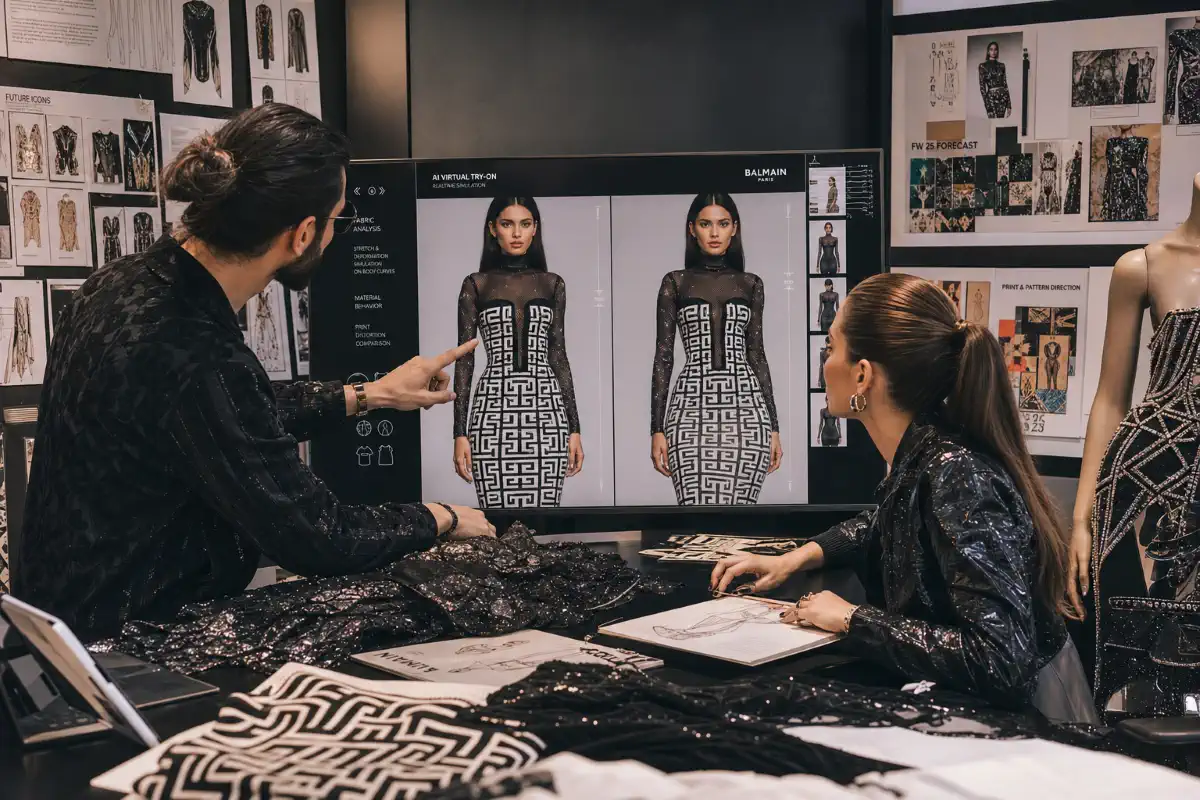 Fashion designers reviewing AI virtual try-on pattern fitting and garment visualization on a studio display