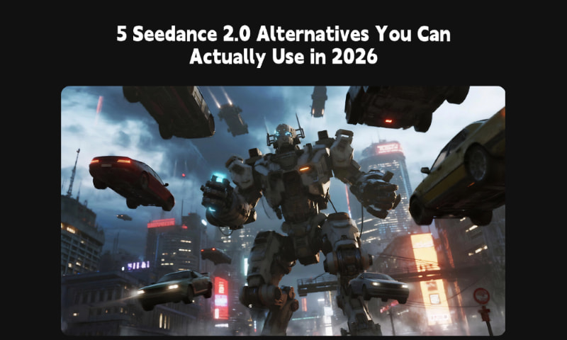 Sci-fi mech robot with floating cars showing generation capabilities of Seedance 2.0 alternatives.
