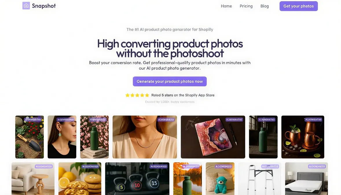 The Snapshot AI homepage, displaying a gallery of authentic, in-context lifestyle product photos for brands.