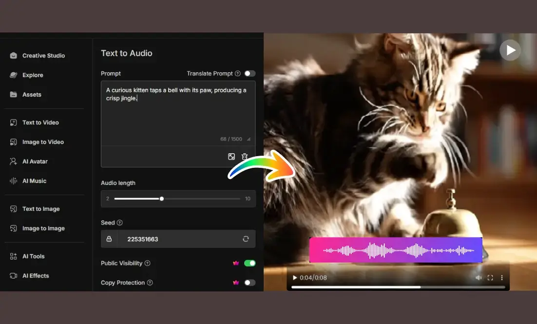 Demonstrating how a curious kitten text prompt generates foley sounds.