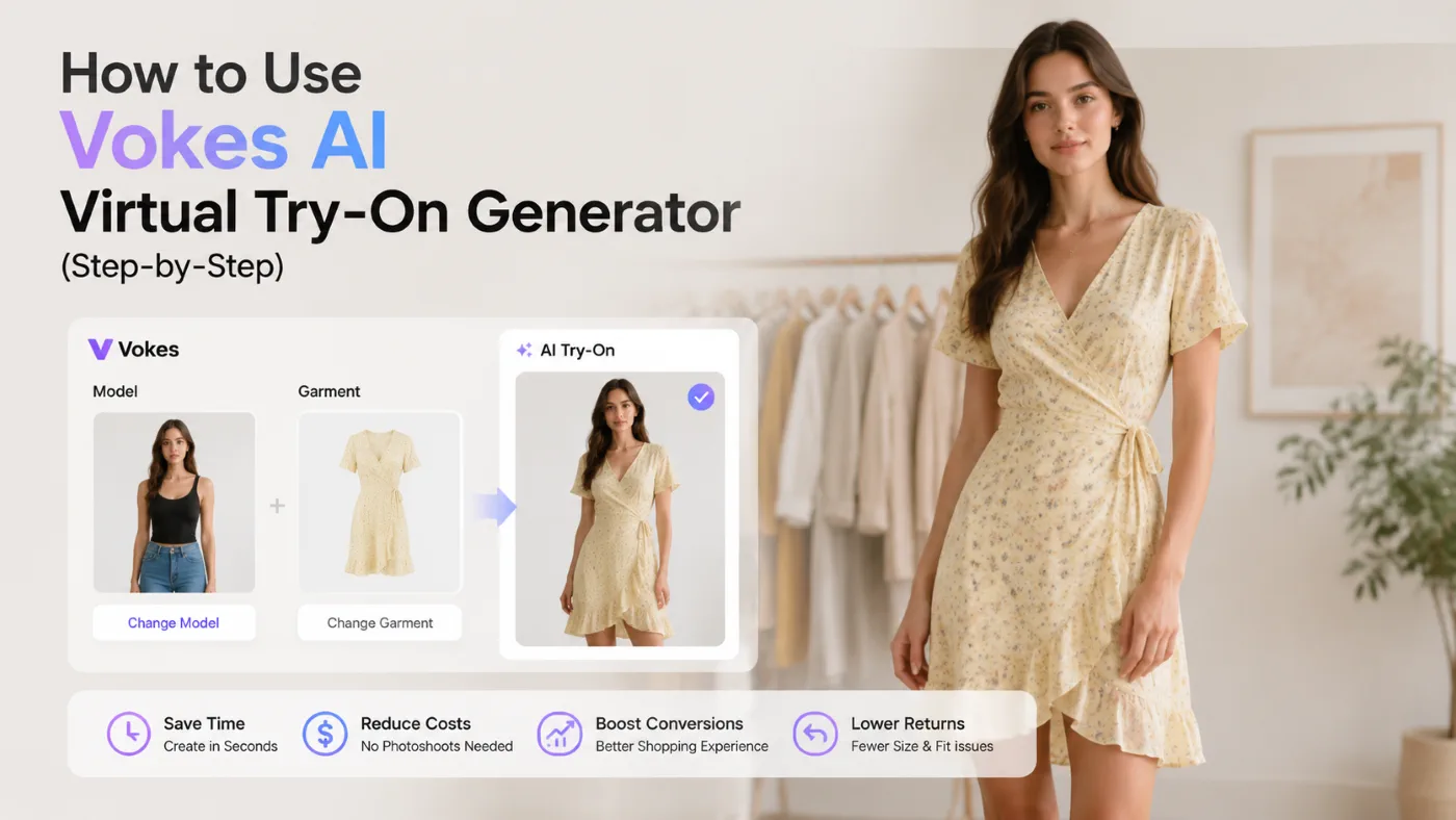 Step-by-step Vokes AI virtual try-on interface showing model upload, garment selection, and final dress preview
