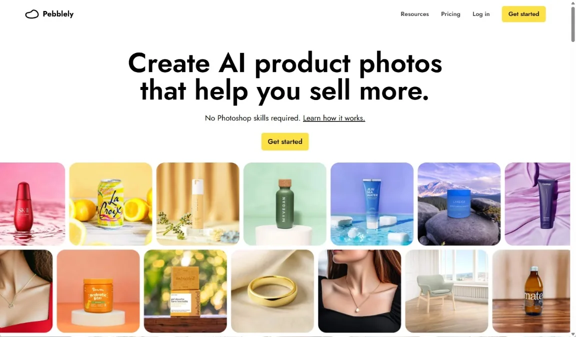 The Pebblely website homepage, showcasing a gallery of diverse AI-generated product photos for e-commerce and social media.