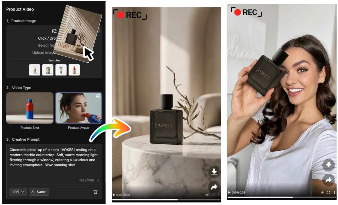 Workflow screen turning one product photo into demo and avatar ads for how to make ai product video