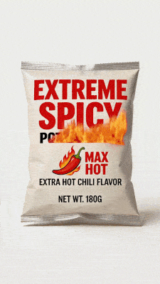 Kling 3.0 Omni generated spicy chip packet featuring overlay flame visual effects.