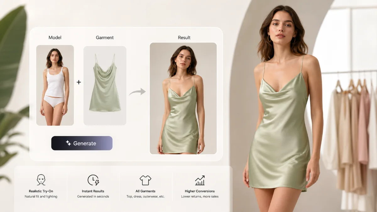 AI virtual try-on result showing a satin slip dress transferred from garment image to a model photo