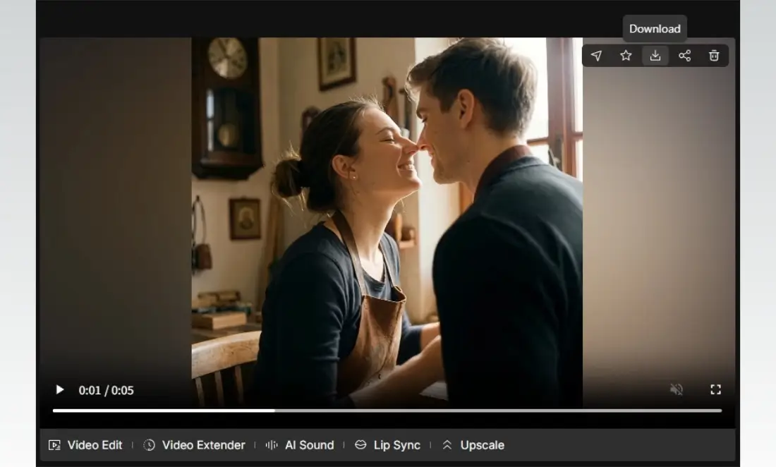 Final output screen showing a smiling couple sharing an intimate kiss after using the AI Kissing Tool.